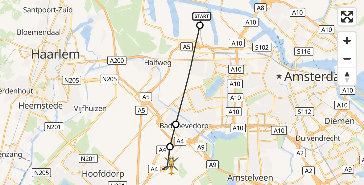 Vluchtroute Traumahelikopter Amsterdam Heliport - Amsterdam Vliegveld Schiphol, 25 mei 2026, 06:54