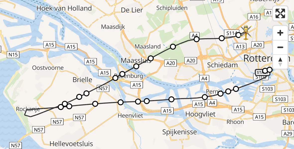 Vluchtroute Traumahelikopter Erasmus MC - Rotterdam The Hague Airport, 25 mei 2026, 07:04