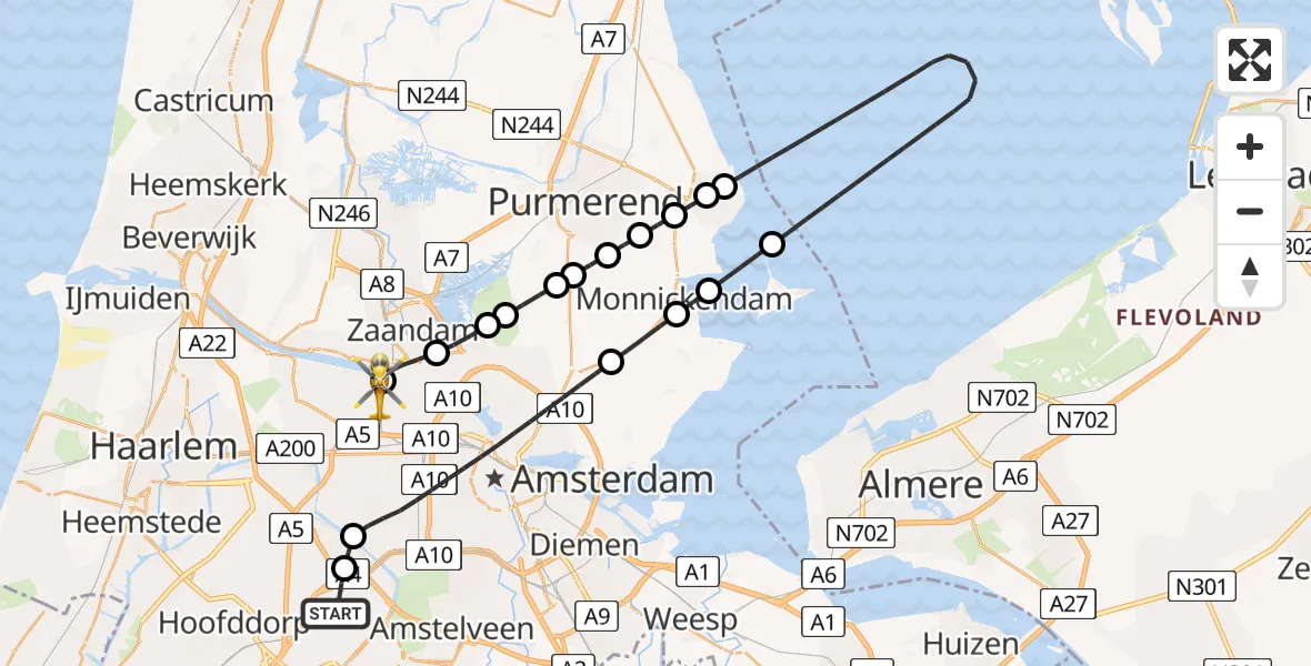 Vluchtroute Traumahelikopter Amsterdam Vliegveld Schiphol - Amsterdam Heliport, 25 mei 2026, 07:12