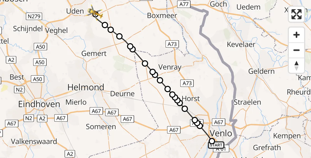 Vluchtroute Traumahelikopter Tegelen - Vliegbasis Volkel, 25 mei 2026, 07:25