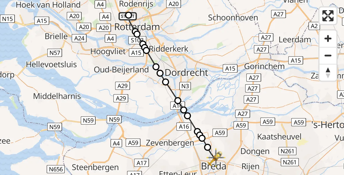 Vluchtroute Traumahelikopter Rotterdam The Hague Airport - Breda, 25 mei 2026, 10:44