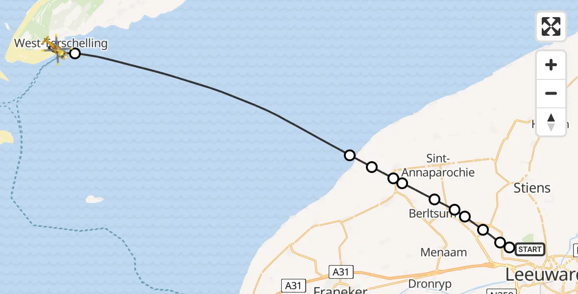 Vluchtroute Ambulancehelikopter Vliegbasis Leeuwarden - West-Terschelling, 25 mei 2026, 11:00
