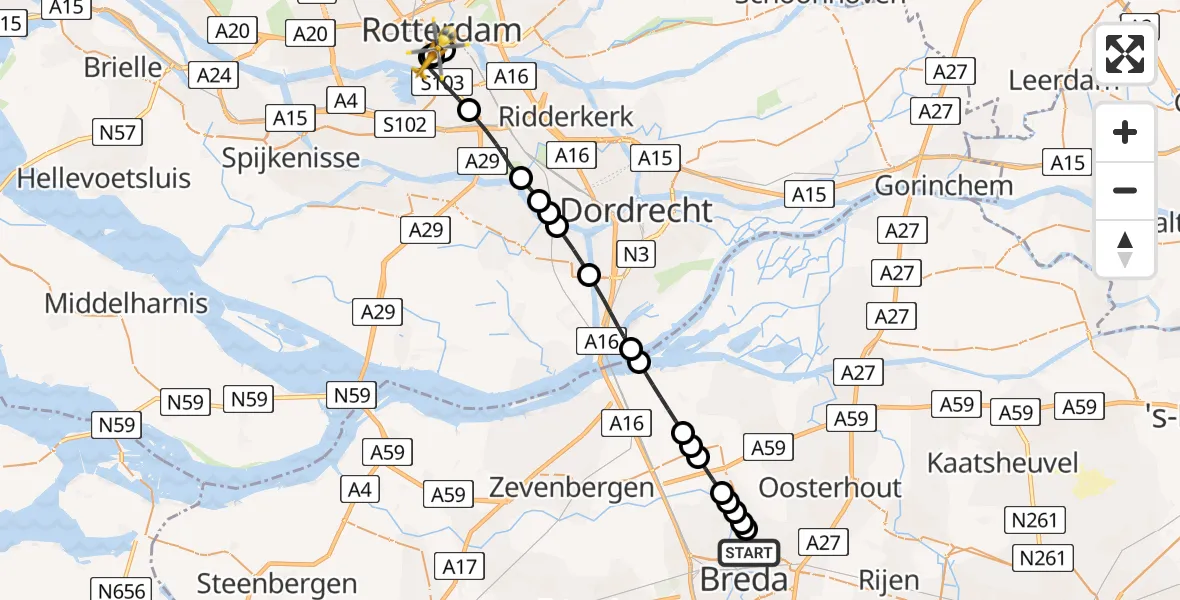 Vluchtroute Traumahelikopter Breda - Erasmus MC, 25 mei 2026, 11:33