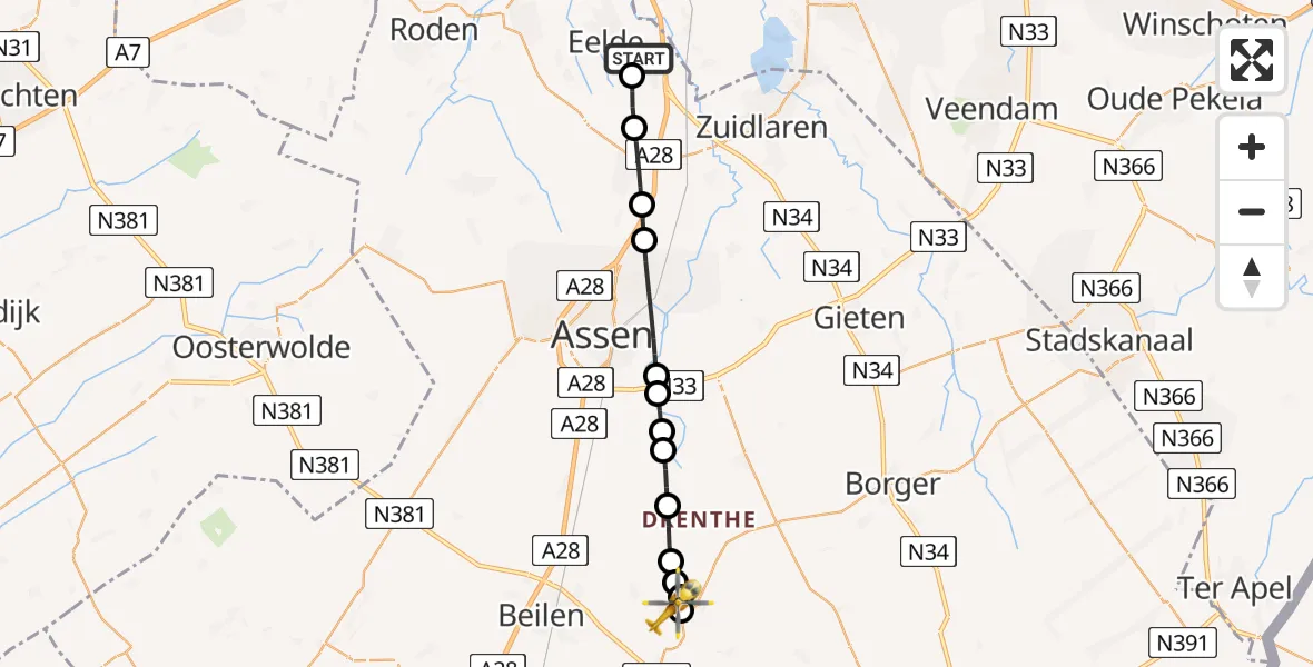 Vluchtroute Traumahelikopter Groningen Airport Eelde - Westerbork, 25 mei 2026, 11:40
