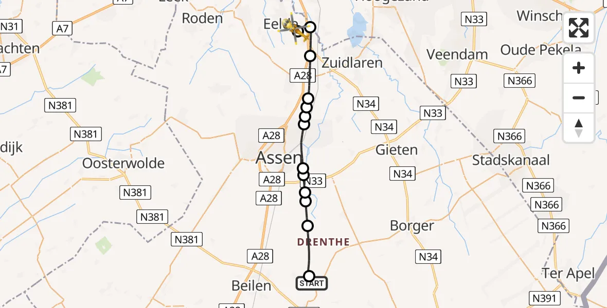 Vluchtroute Traumahelikopter Westerbork - Groningen Airport Eelde, 25 mei 2026, 12:16