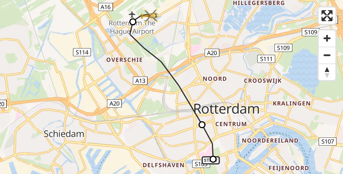 Vluchtroute Traumahelikopter Erasmus MC - Rotterdam The Hague Airport, 25 mei 2026, 12:28