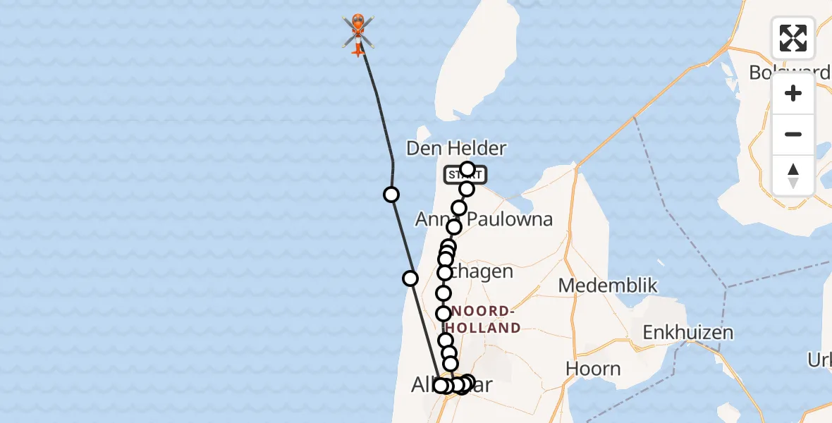 Vluchtroute Kustwachthelikopter Militair vliegveld De Kooy / Den Helder Airport - Noordzee, 25 mei 2026, 13:58