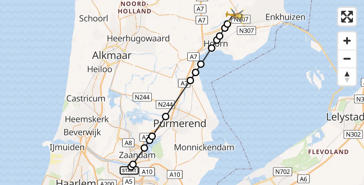 Vluchtroute Traumahelikopter Amsterdam Heliport - Zwaagdijk-Oost, 25 mei 2026, 14:02