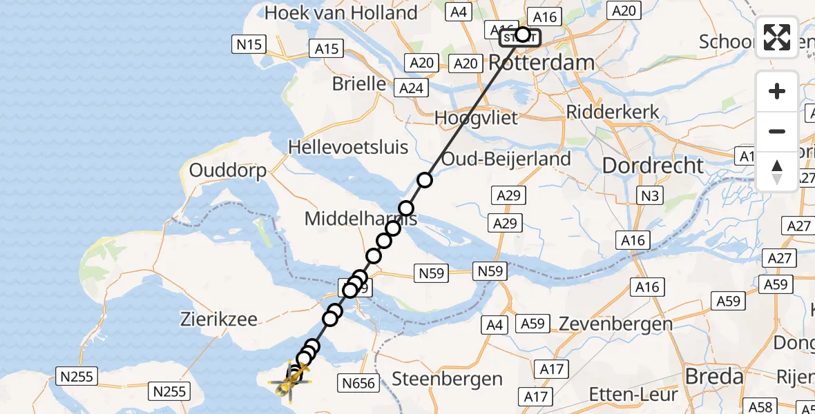 Vluchtroute Traumahelikopter Rotterdam The Hague Airport - Sint-Maartensdijk, 25 mei 2026, 14:26
