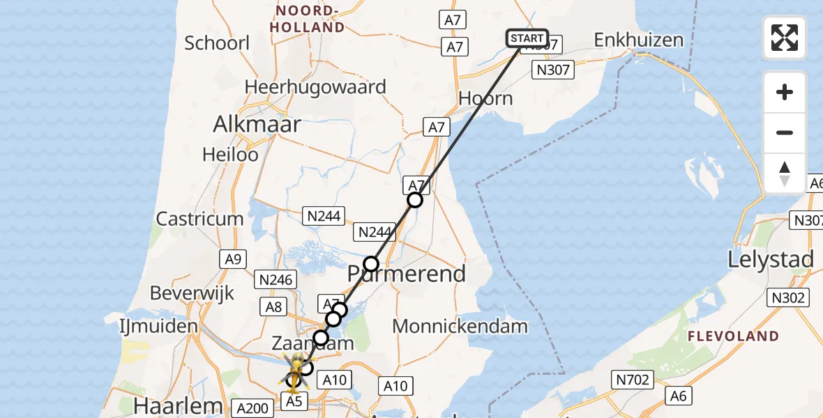 Vluchtroute Traumahelikopter Zwaagdijk-Oost - Amsterdam Heliport, 25 mei 2026, 14:27
