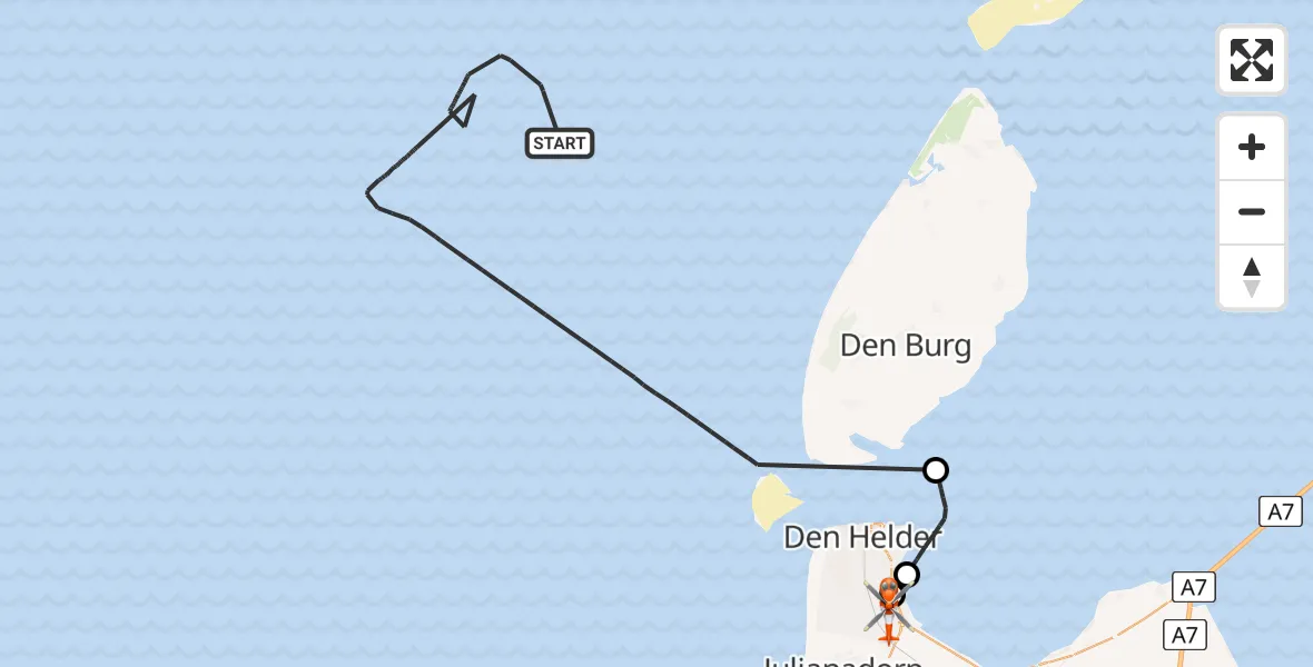 Vluchtroute Kustwachthelikopter Noordzee - Militair vliegveld De Kooy / Den Helder Airport, 25 mei 2026, 14:40