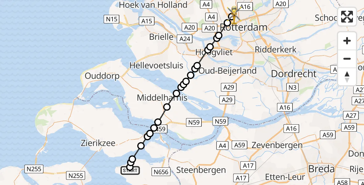 Vluchtroute Traumahelikopter Sint-Maartensdijk - Rotterdam The Hague Airport, 25 mei 2026, 15:25