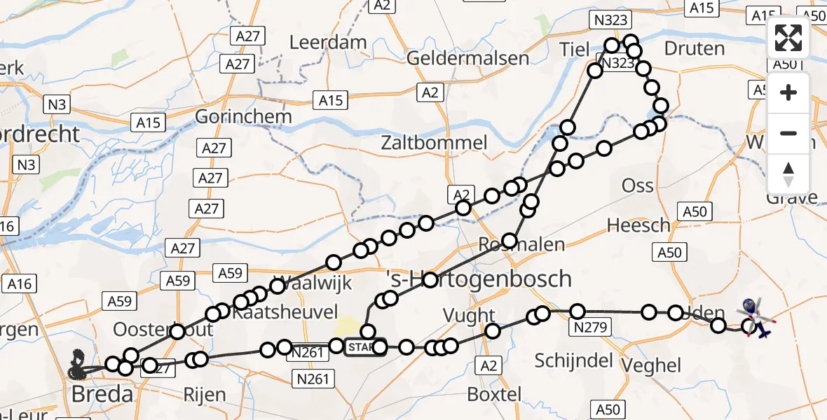 Vluchtroute Politiehelikopter Udenhout - Vliegbasis Volkel, 25 mei 2026, 17:41