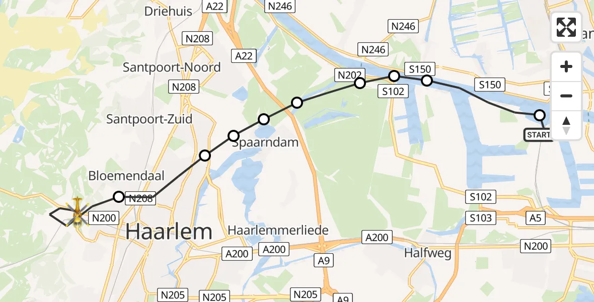 Vluchtroute Traumahelikopter Amsterdam Heliport - Overveen, 25 mei 2026, 18:49