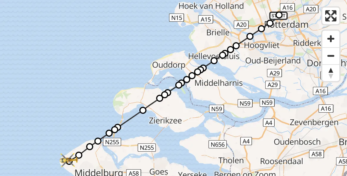 Vluchtroute Traumahelikopter Rotterdam The Hague Airport - Westkapelle, 25 mei 2026, 18:54