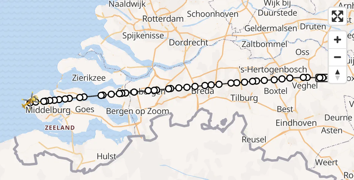 Vluchtroute Traumahelikopter Vliegbasis Volkel - Westkapelle, 25 mei 2026, 19:02