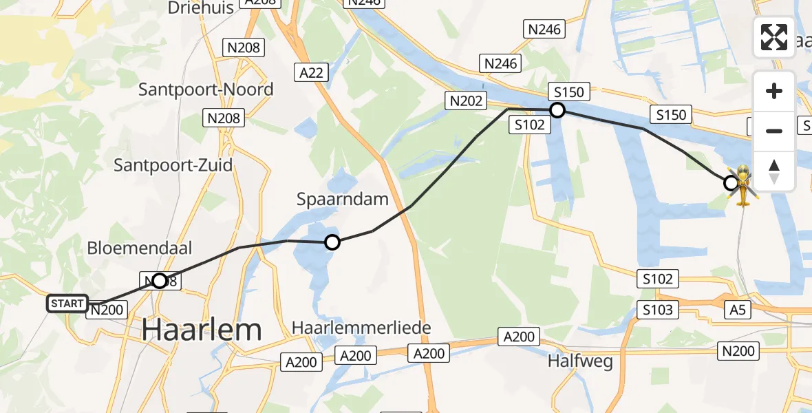 Vluchtroute Traumahelikopter Overveen - Amsterdam Heliport, 25 mei 2026, 19:08