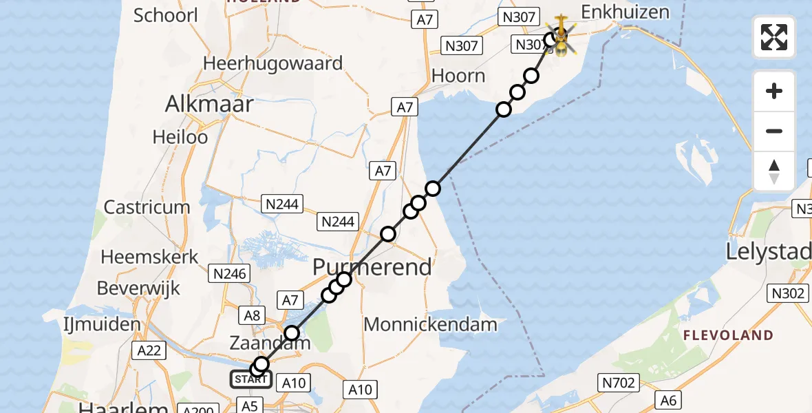 Vluchtroute Traumahelikopter Amsterdam Heliport - Lutjebroek, 25 mei 2026, 19:30