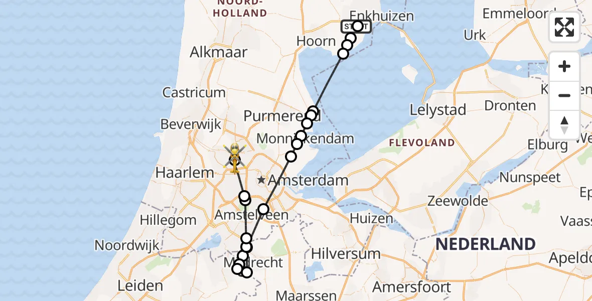 Vluchtroute Traumahelikopter Lutjebroek - Amsterdam Heliport, 25 mei 2026, 19:56