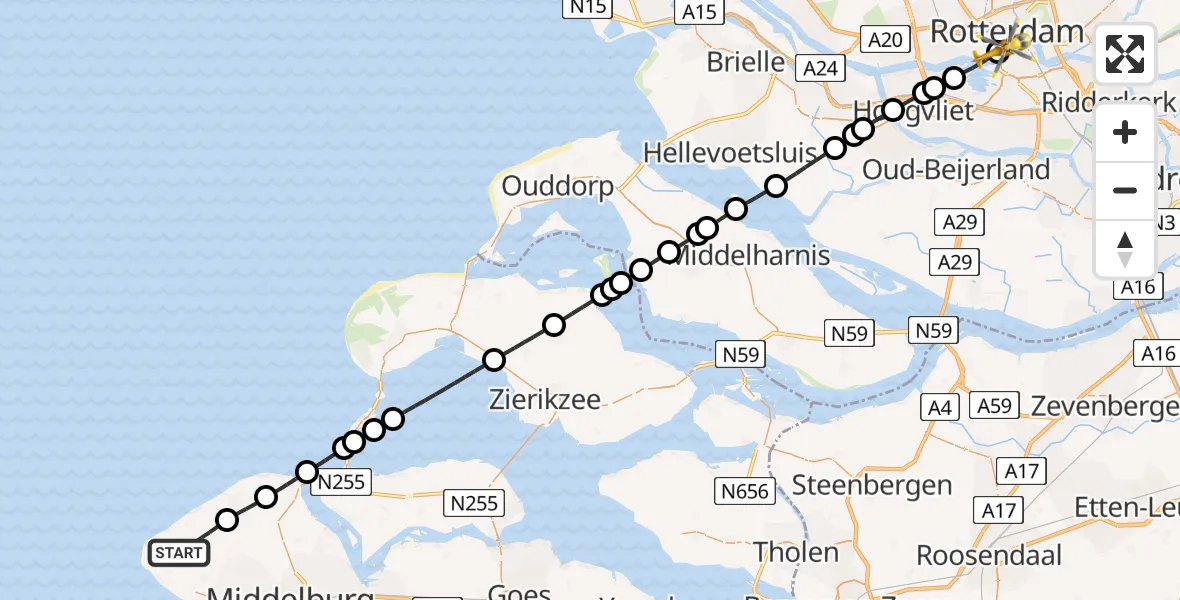 Vluchtroute Traumahelikopter Aagtekerke - Erasmus MC, 25 mei 2026, 20:13