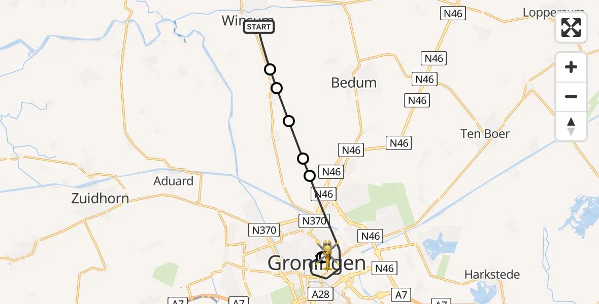 Vluchtroute Traumahelikopter Winsum - Universitair Medisch Centrum Groningen, 25 mei 2026, 21:05