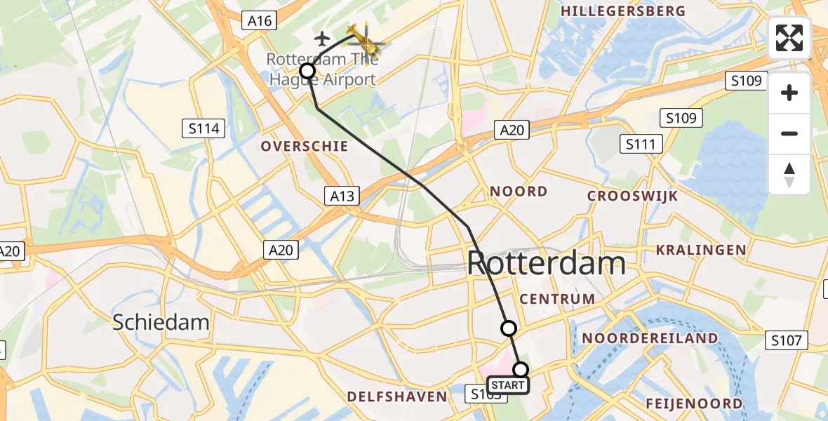 Vluchtroute Traumahelikopter Erasmus MC - Rotterdam The Hague Airport, 25 mei 2026, 21:22