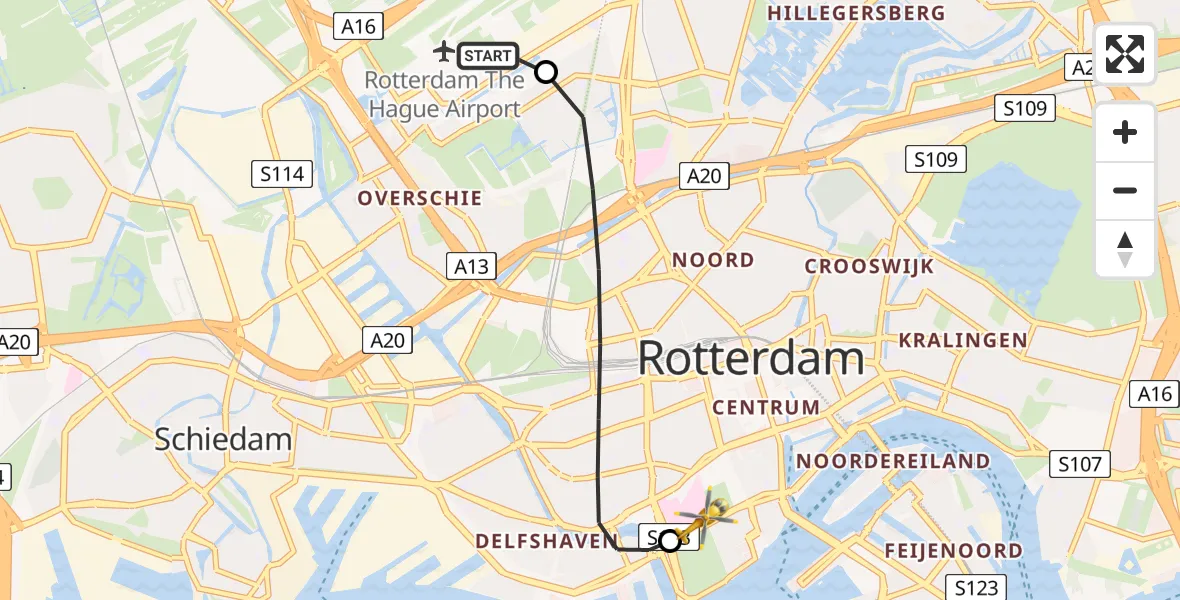 Vluchtroute Traumahelikopter Rotterdam The Hague Airport - Erasmus MC, 25 mei 2026, 21:23