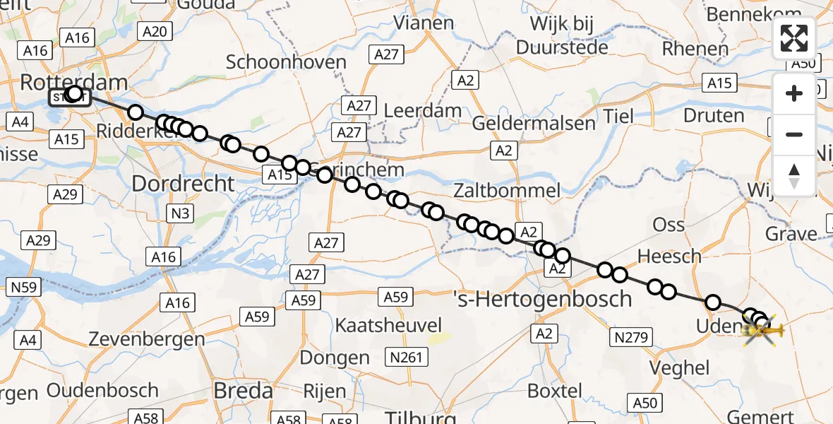 Vluchtroute Traumahelikopter Erasmus MC - Vliegbasis Volkel, 25 mei 2026, 21:33