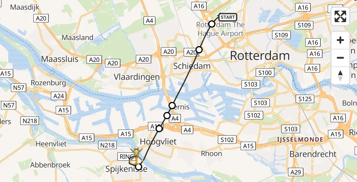 Vluchtroute Traumahelikopter Rotterdam The Hague Airport - Spijkenisse, 25 mei 2026, 22:47