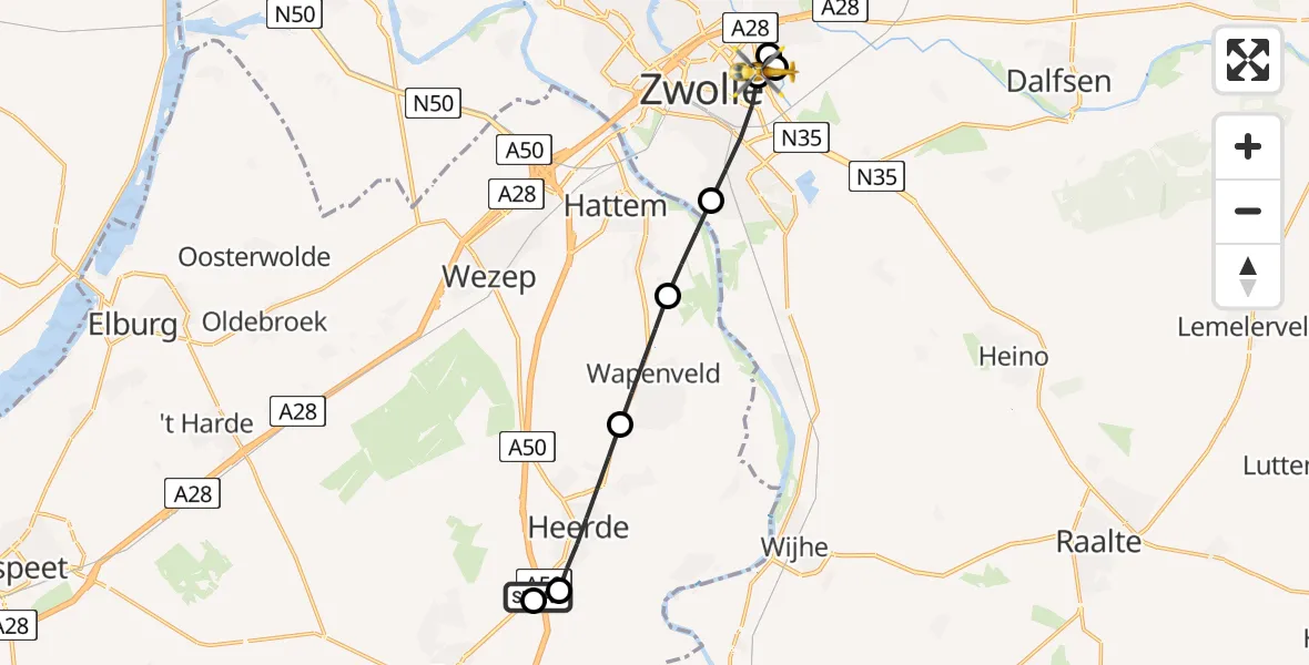 Vluchtroute Traumahelikopter Heerde - Isala Hospital Zwolle Heliport, 26 mei 2026, 05:35