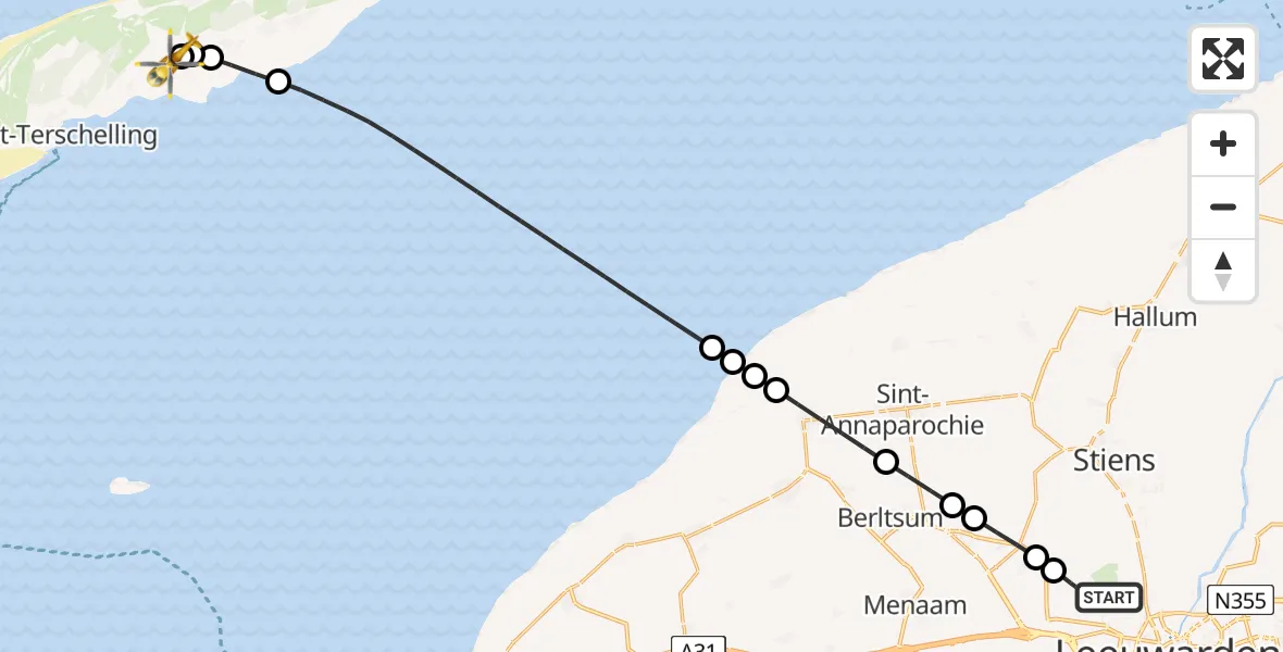 Vluchtroute Ambulancehelikopter Vliegbasis Leeuwarden - Terschelling Heliport, 26 mei 2026, 06:23