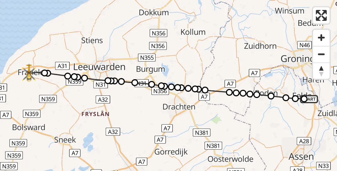 Vluchtroute Traumahelikopter Groningen Airport Eelde - Franeker, 26 mei 2026, 06:46