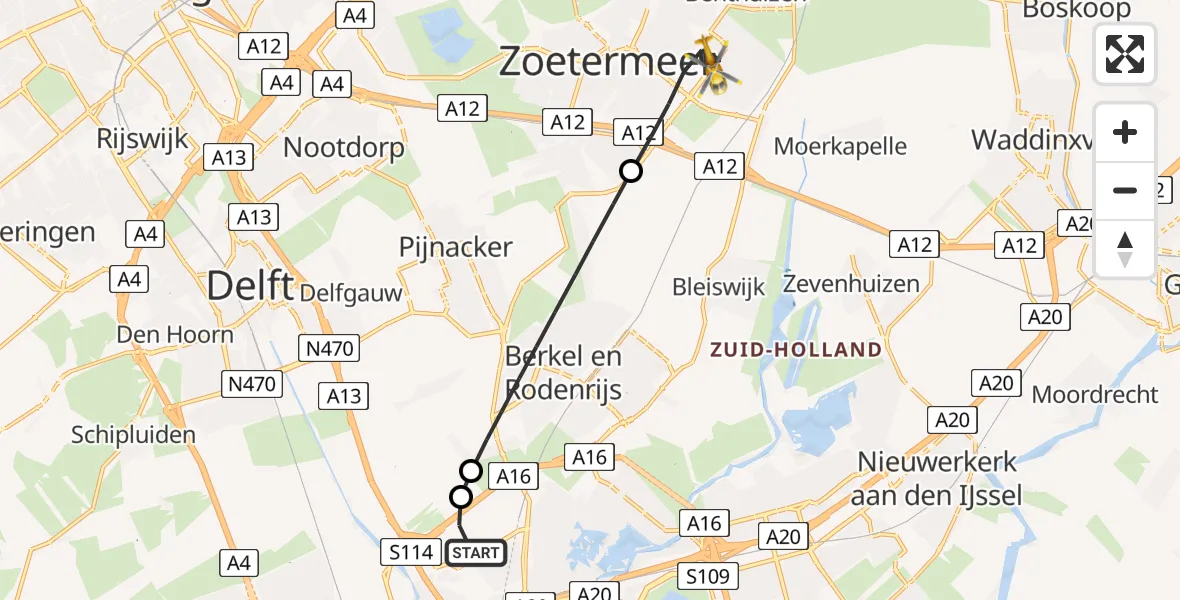 Vluchtroute Traumahelikopter Rotterdam The Hague Airport - Zoetermeer, 26 mei 2026, 09:25