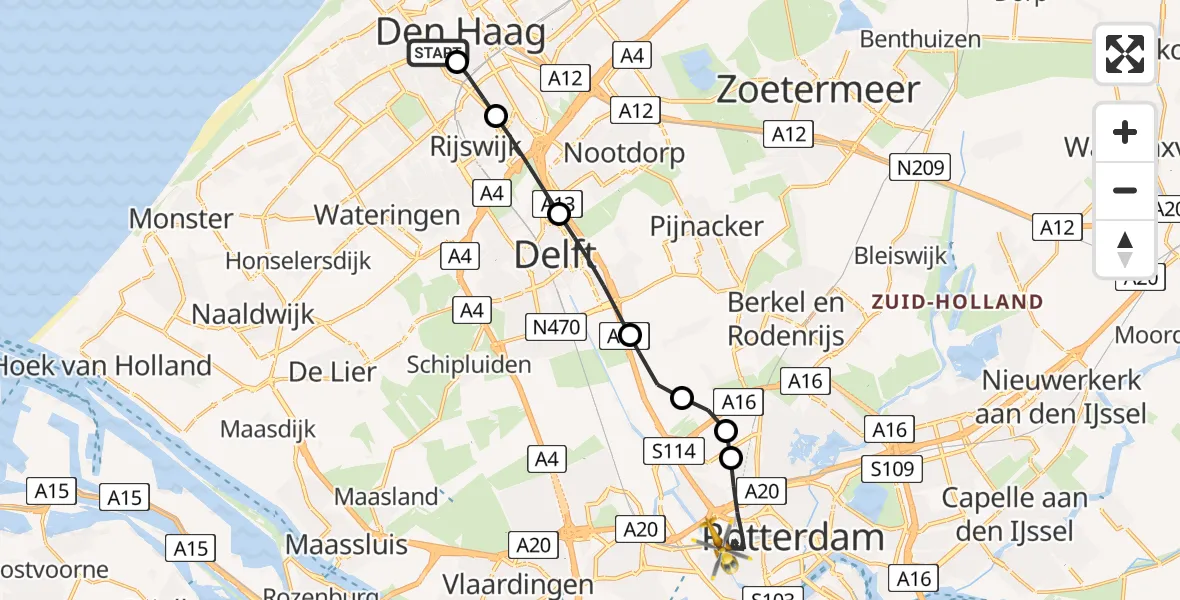 Vluchtroute Traumahelikopter HMC Westeinde Heliport - Rotterdam, 26 mei 2026, 10:14
