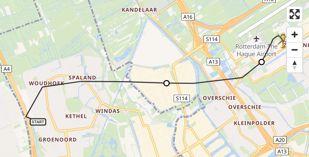 Vluchtroute Traumahelikopter Schiedam - Rotterdam The Hague Airport, 26 mei 2026, 12:36