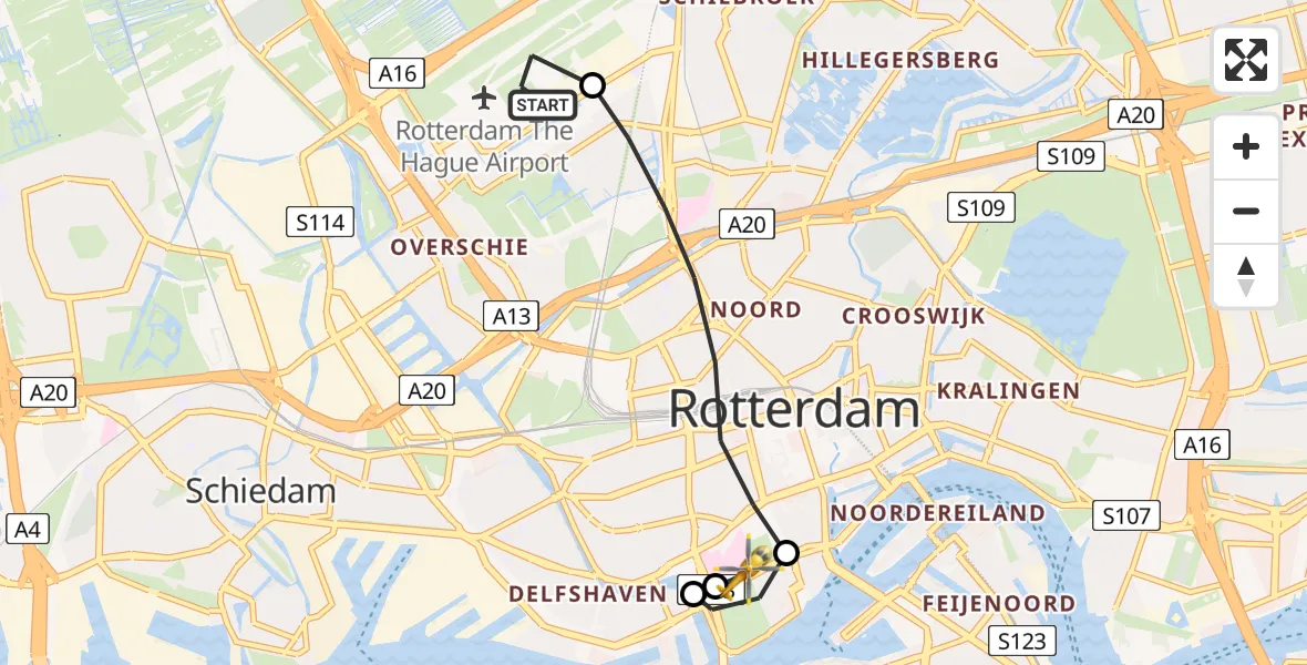 Vluchtroute Traumahelikopter Rotterdam The Hague Airport - Erasmus MC, 26 mei 2026, 12:52