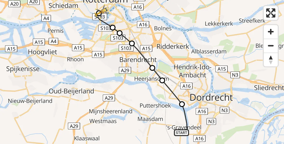 Vluchtroute Traumahelikopter 's-Gravendeel - Erasmus MC, 26 mei 2026, 16:46