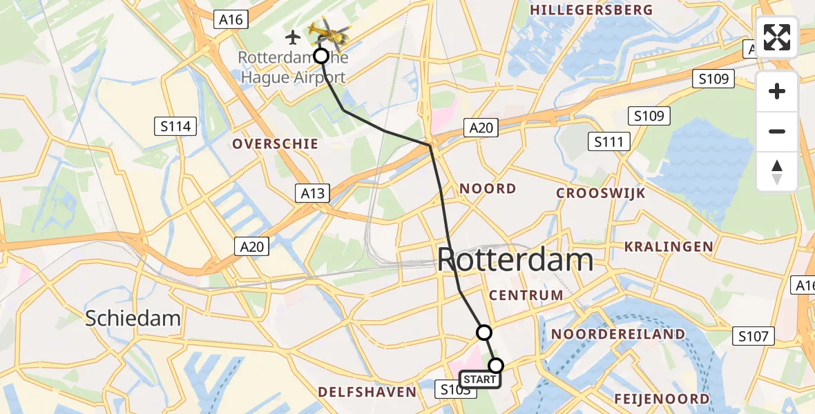 Vluchtroute Traumahelikopter Erasmus MC - Rotterdam The Hague Airport, 26 mei 2026, 17:16