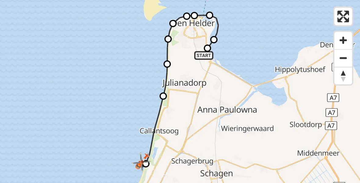 Vluchtroute Kustwachthelikopter Militair vliegveld De Kooy / Den Helder Airport - Noordzee, 26 mei 2026, 17:21