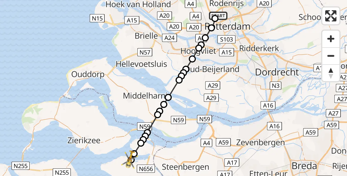 Vluchtroute Traumahelikopter Rotterdam The Hague Airport - Sint-Annaland, 26 mei 2026, 19:46