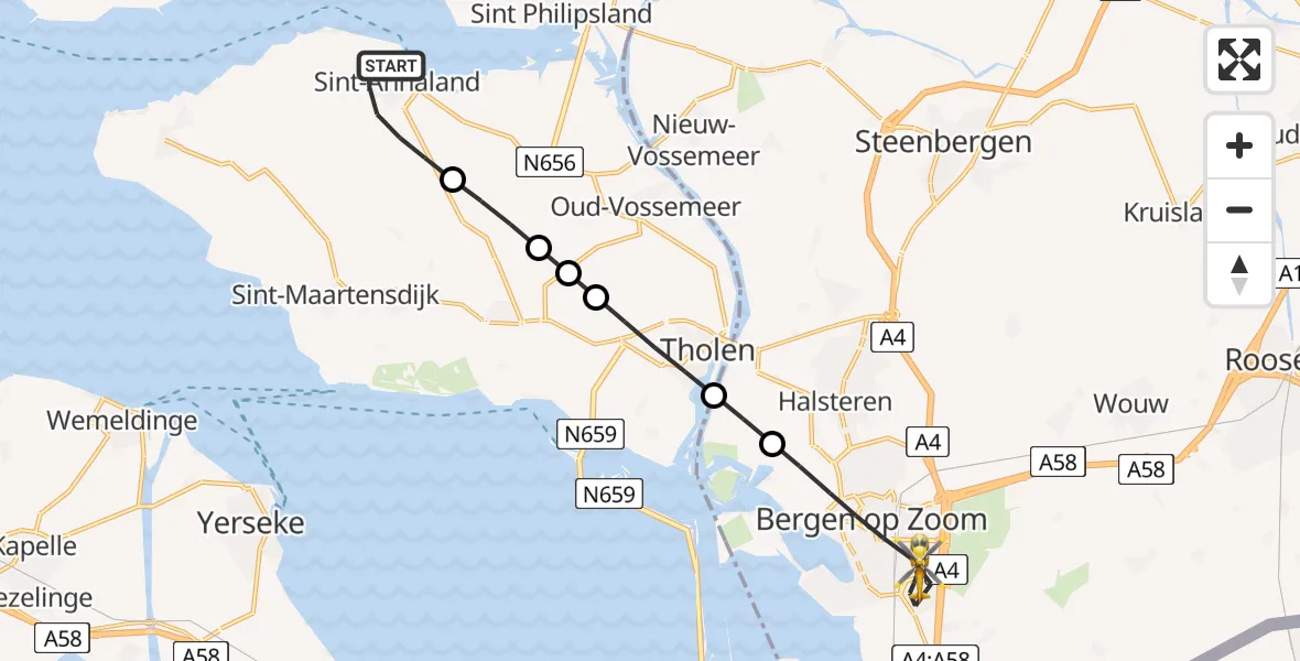 Vluchtroute Traumahelikopter Sint-Annaland - Bergen op Zoom, 26 mei 2026, 20:26