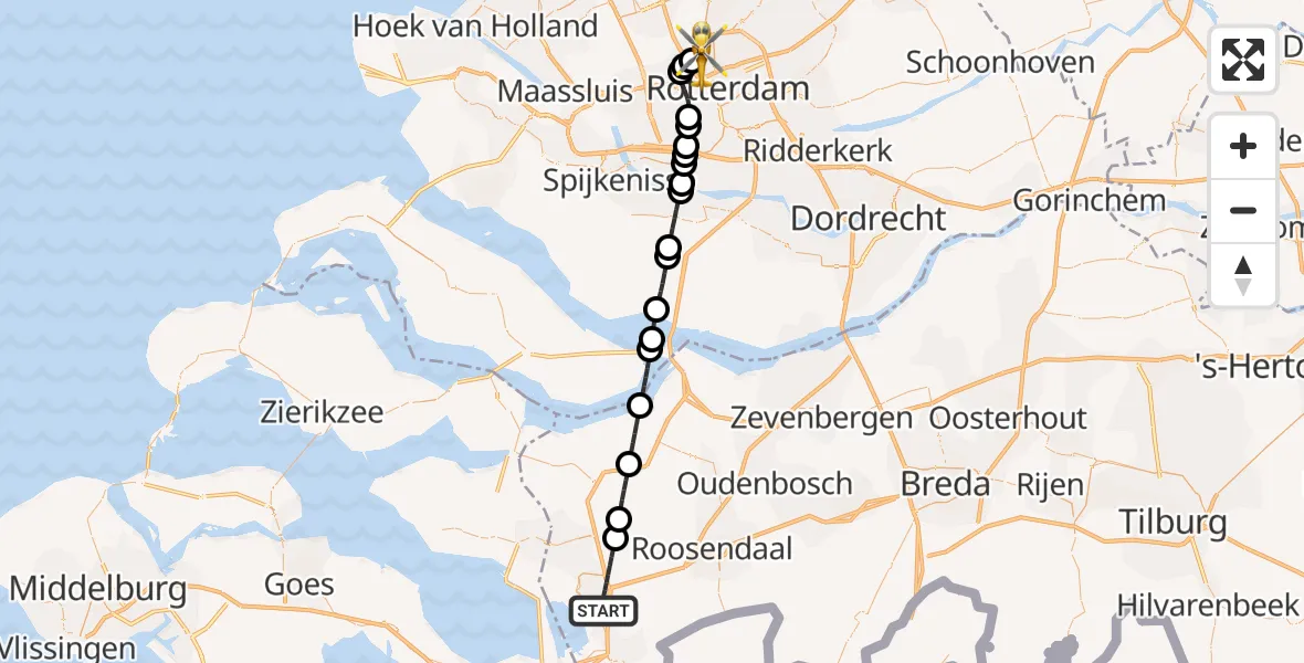 Vluchtroute Traumahelikopter Bergen op Zoom - Rotterdam The Hague Airport, 26 mei 2026, 20:57