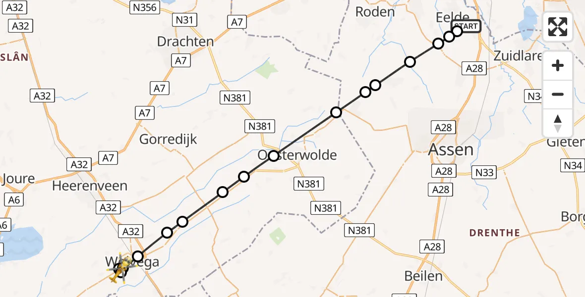 Vluchtroute Traumahelikopter Groningen Airport Eelde - Sonnega, 27 mei 2026, 05:44