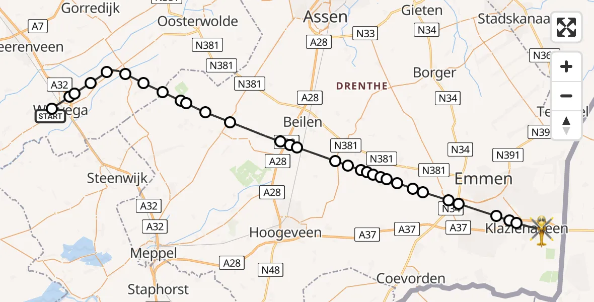 Vluchtroute Traumahelikopter Sonnega - Klazienaveen, 27 mei 2026, 06:56