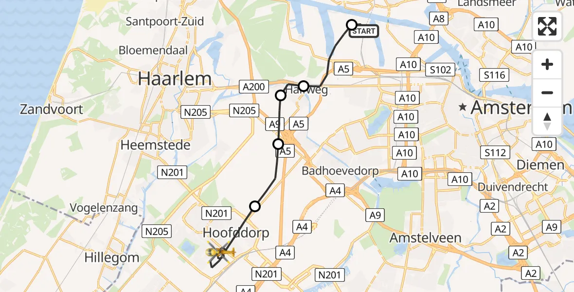 Vluchtroute Traumahelikopter Amsterdam Heliport - Hoofddorp, 27 mei 2026, 07:05