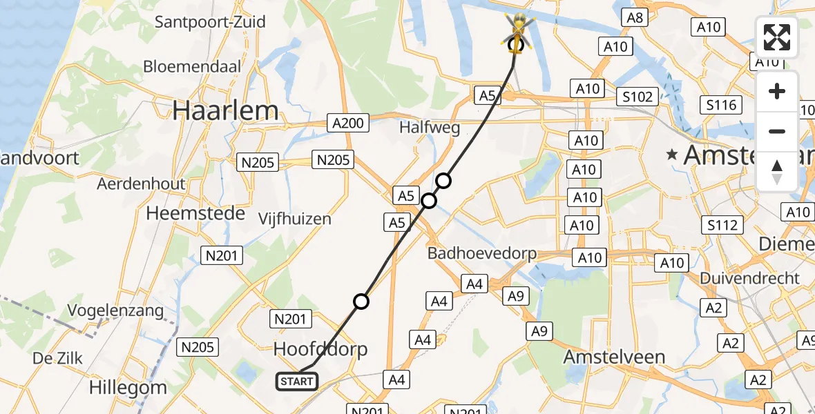 Vluchtroute Traumahelikopter Hoofddorp - Amsterdam Heliport, 27 mei 2026, 07:40