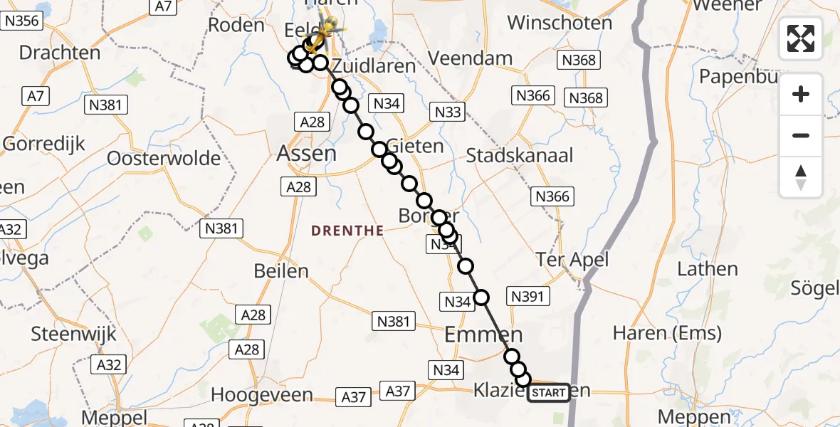 Vluchtroute Traumahelikopter Klazienaveen - Groningen Airport Eelde, 27 mei 2026, 07:49