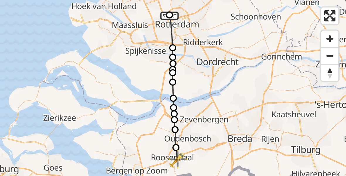Vluchtroute Traumahelikopter Rotterdam The Hague Airport - Roosendaal, 27 mei 2026, 07:49