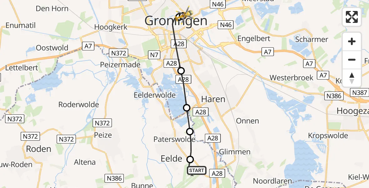 Vluchtroute Traumahelikopter Groningen Airport Eelde - Universitair Medisch Centrum Groningen, 27 mei 2026, 08:22