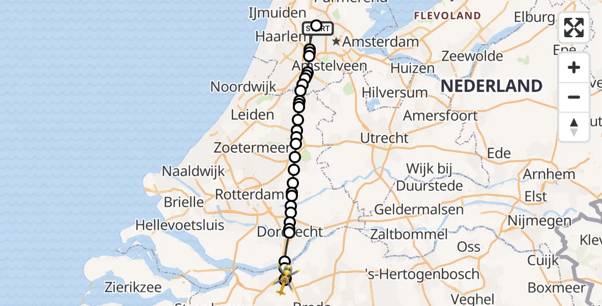 Vluchtroute Traumahelikopter Amsterdam Heliport - Zevenbergen, 27 mei 2026, 08:46